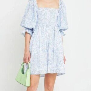 Kourt Mini Dress Puff Sleeve Blue White Mini Dress Size Large NWT